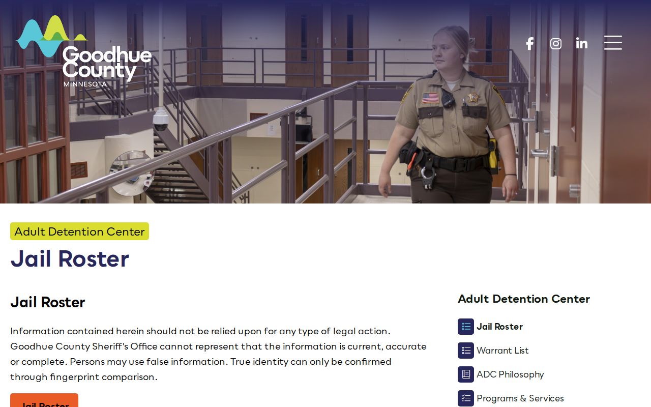 Goodhue County jail roster landing page for official custody record lookup