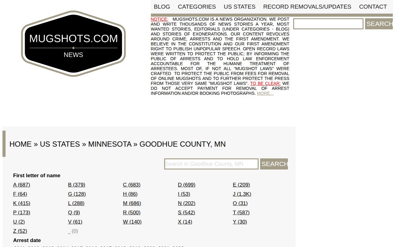 Goodhue County unofficial Mugshots.com section shown as a caveated secondary news lead