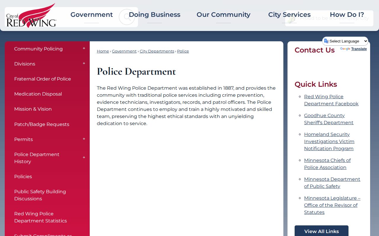 Goodhue County Red Wing Police Department records source